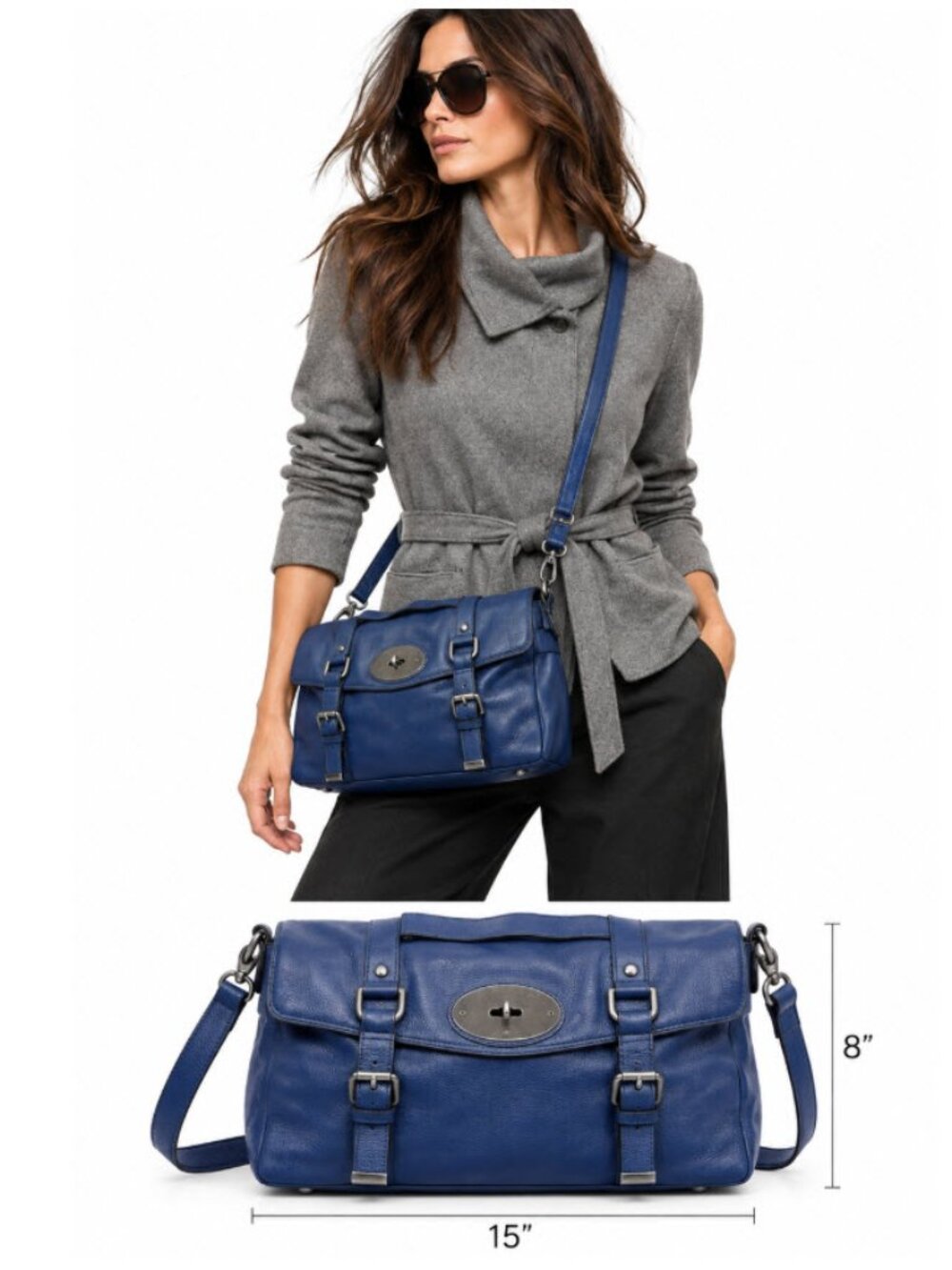 Danier Cobalt Blue Pebbled Leather Buckle Satchel Crossbody Bag
